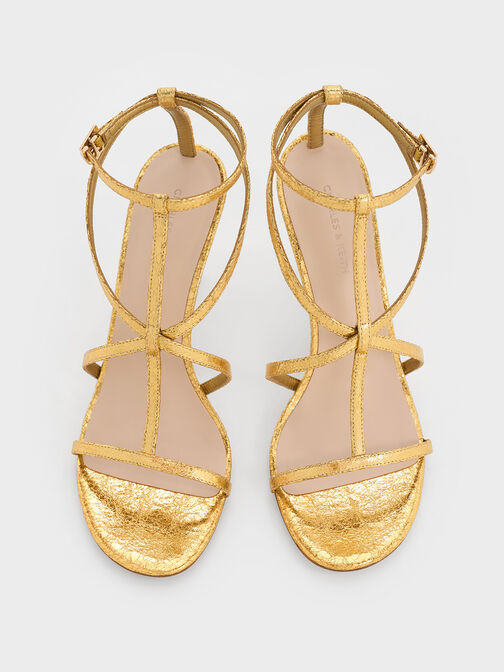 Metallic Crinkle-Effect Strappy Stiletto-Heel Sandals, Gold, hi-res
