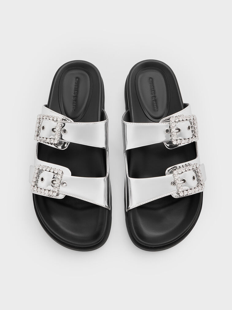 Metallic Gem-Buckle Double-Strap Sandals, Silver, hi-res