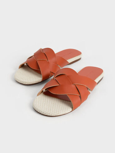 Woven Slide Sandals, Orange, hi-res