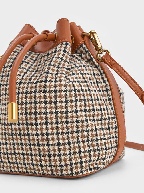 Checkered Drawstring Bucket Bag, Cognac, hi-res