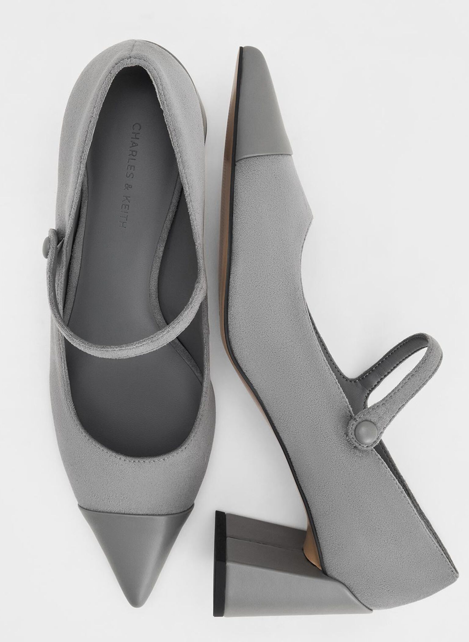 Faux Suede Cap-Toe Pointed Mary Jane Pumps, Grey, hi-res