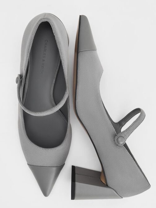 Faux Suede Cap-Toe Pointed Mary Jane Pumps, Grey, hi-res