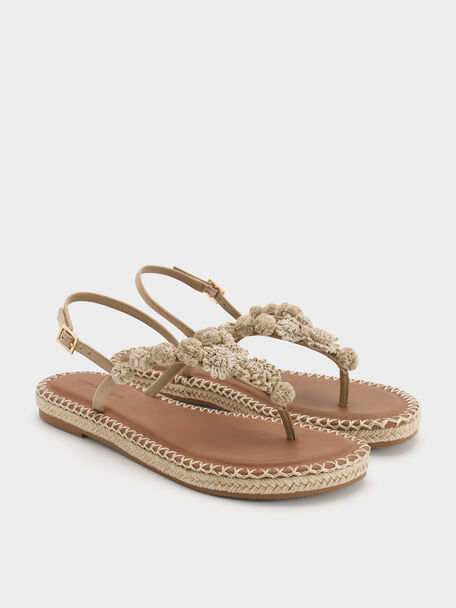 Faux Suede Flower Espadrille Thong Sandals, Sand, hi-res