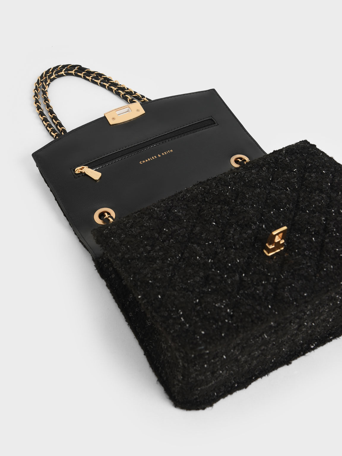 Tweed Chain Strap Bag, Black, hi-res