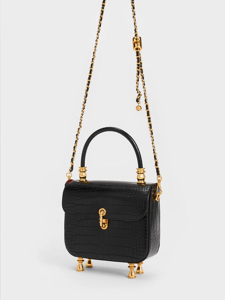 Black Meriah Croc-Embossed Top Handle Bag - CHARLES & KEITH US