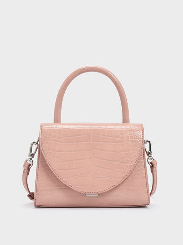 Croc-Effect Structured Top Handle Bag, Pink, hi-res