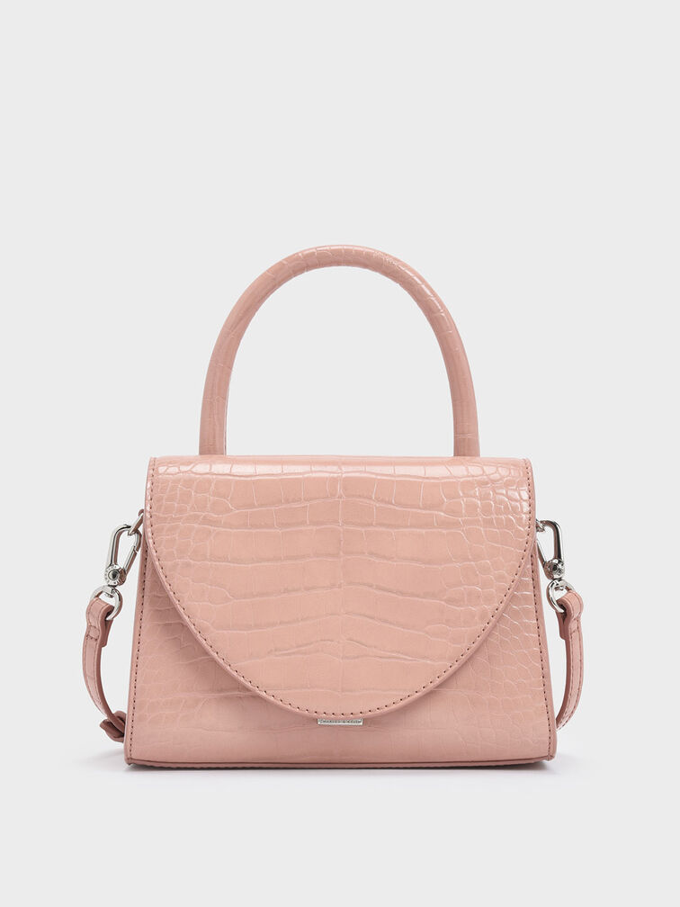 Croc-Effect Structured Top Handle Bag, Pink, hi-res