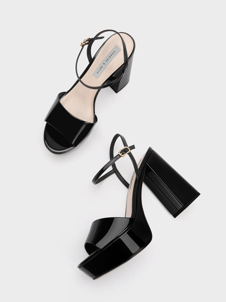 Sandalias de charol con plataforma y punta abierta, Charol negro, hi-res