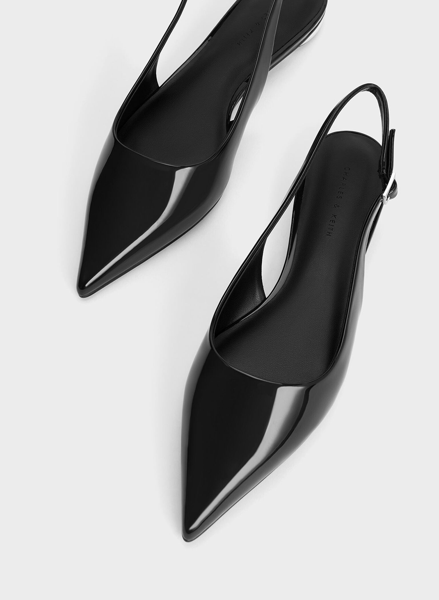 Black Patent Pointed-Toe Slingback Flats - CHARLES & KEITH SG