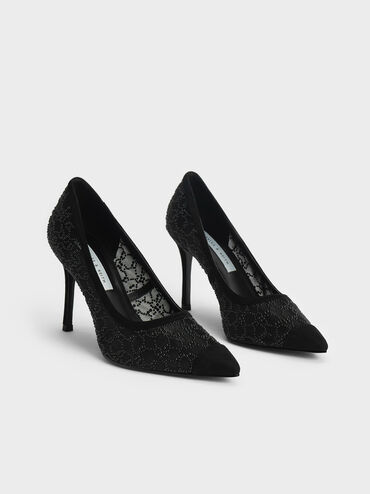 Bead-Embellished Mesh Pumps, Black, hi-res