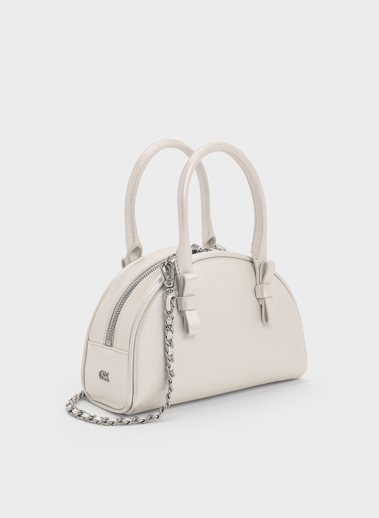 Satin Half-Moon Bowling Bag, White, hi-res