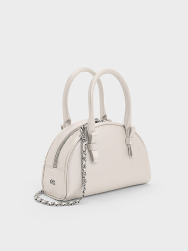 Satin Half-Moon Bowling Bag, White, hi-res