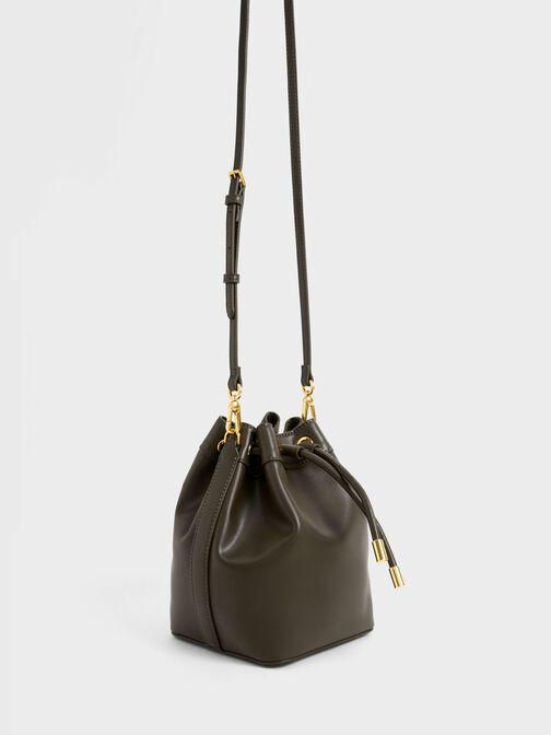 Braided-Handle Drawstring Bucket Bag, Dark Moss, hi-res