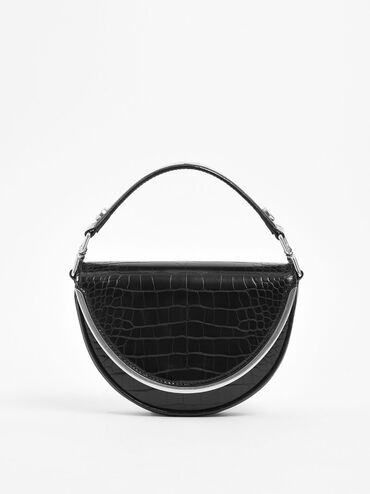Croc-Effect Top Handle Semi-Circle Bag, Black, hi-res