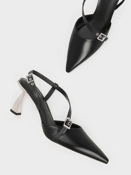 Zapatos destalonados con tacones curvos asimétricos, Negro, hi-res