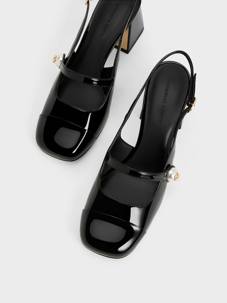 Black Patent Pearl Embellished Trapeze-Heel Slingback Pumps - CHARLES ...