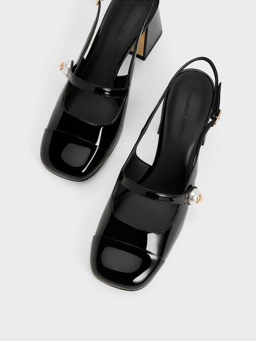Zapatos destalonados de charol con tacón trapecio y perlas, Charol negro, hi-res