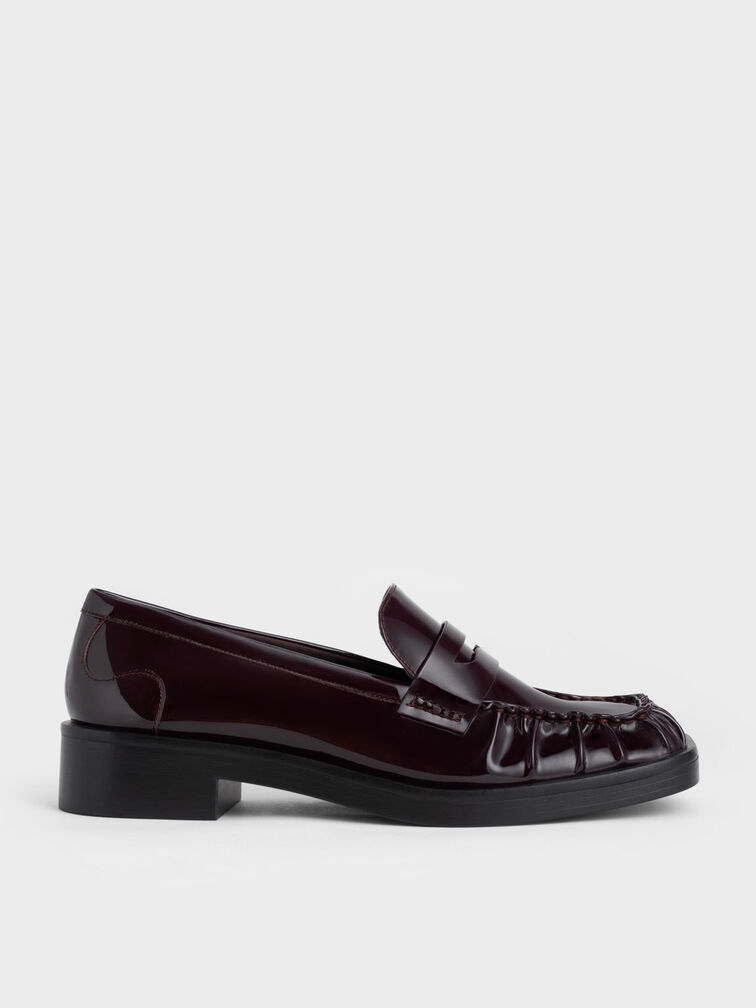 Patent Ruched Square-Toe Loafers, Maroon, hi-res