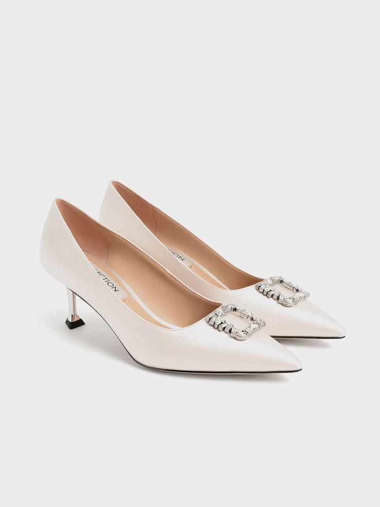 Cream Satin Gem-Embellished Kitten Heel Pumps - CHARLES & KEITH US