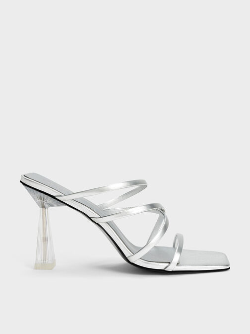 Mules de tiras con tacón transparente, Plateado, hi-res