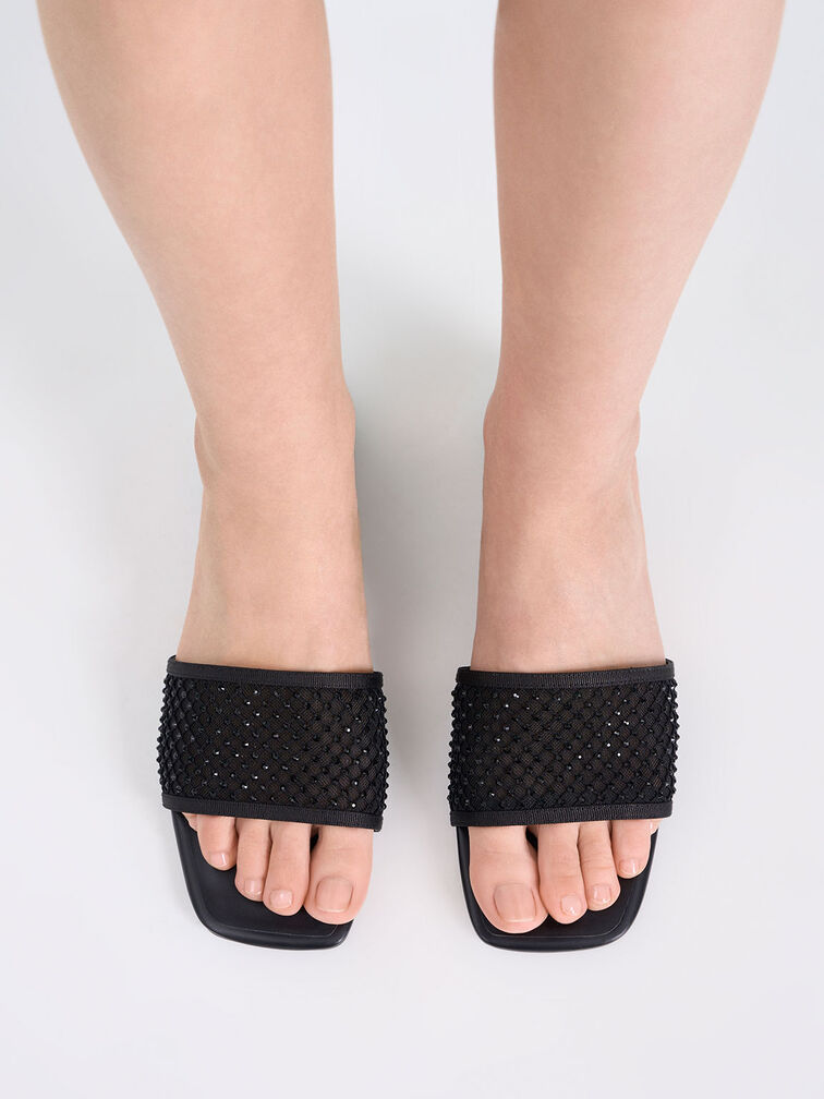 Gem-Encrusted Mesh Slide Sandals, Black, hi-res