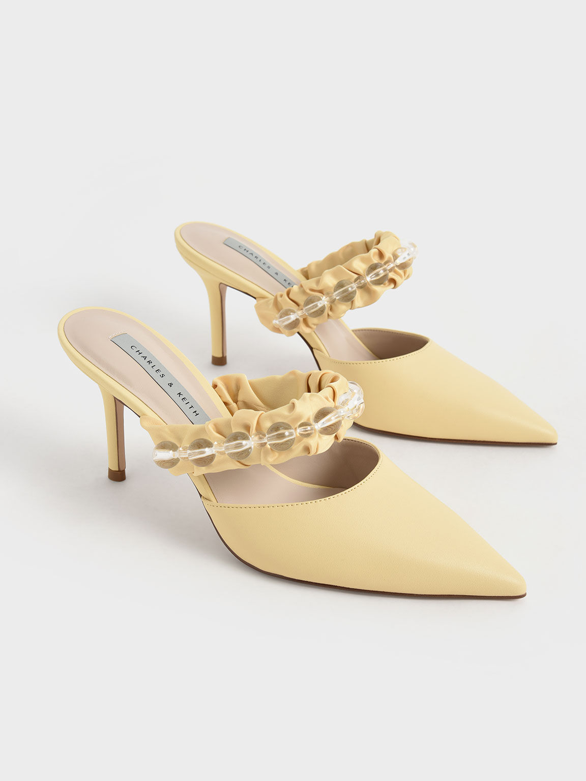 Ruched Satin Strap Mules, Yellow, hi-res