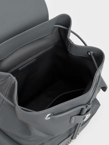 Mochila de nylon acolchada con cadena, Gris, hi-res