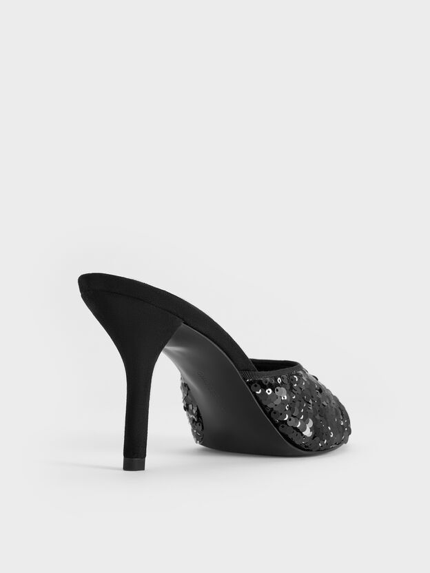 Sequinned Stiletto-Heel Mules, Black Textured, hi-res