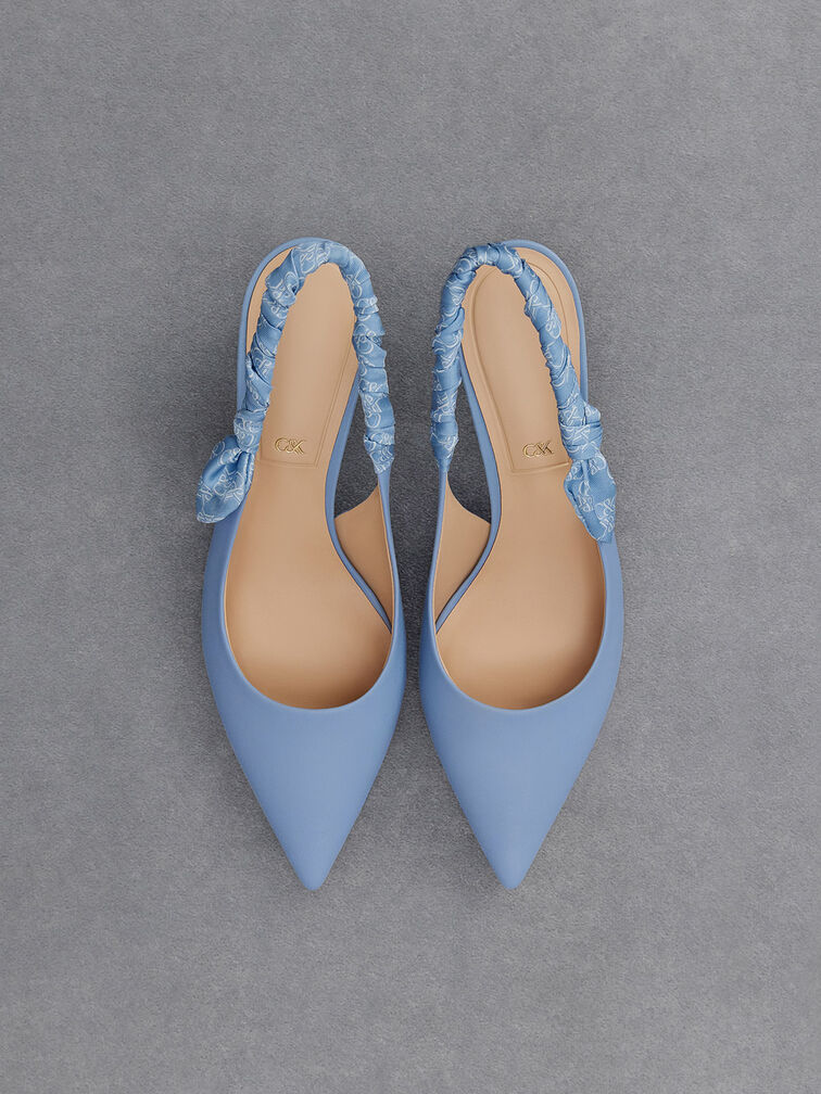 Leather Ruched Print Slingback Pumps, Light Blue, hi-res