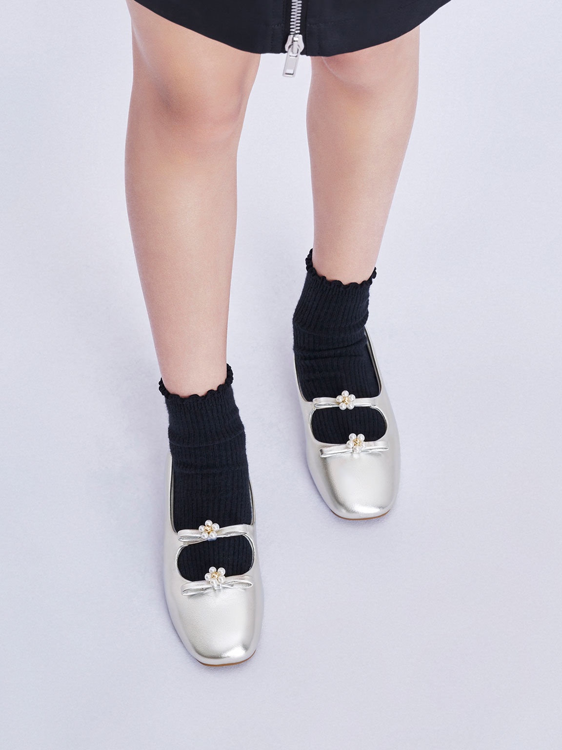 Girls' Floral Beaded Metallic Ballerinas, Silver, hi-res