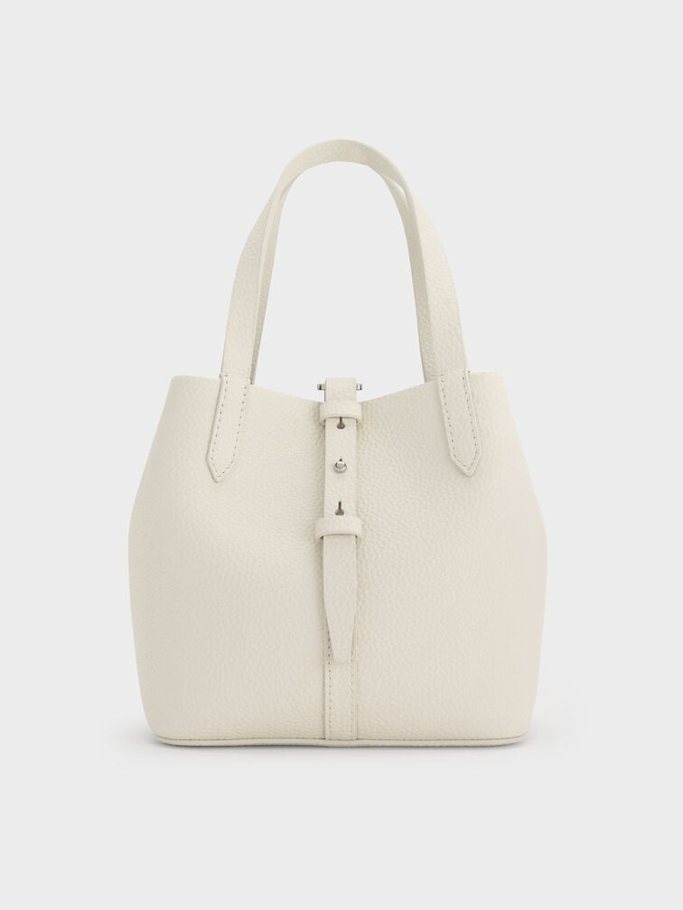 Beryl Recycled Leather Double-Handle Belted Bucket Bag, Cream, hi-res