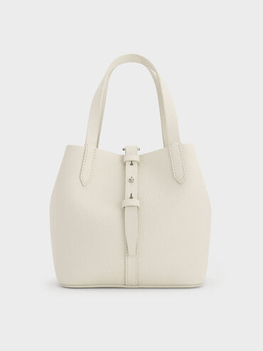 Beryl Recycled Leather Double-Handle Belted Bucket Bag, Cream, hi-res