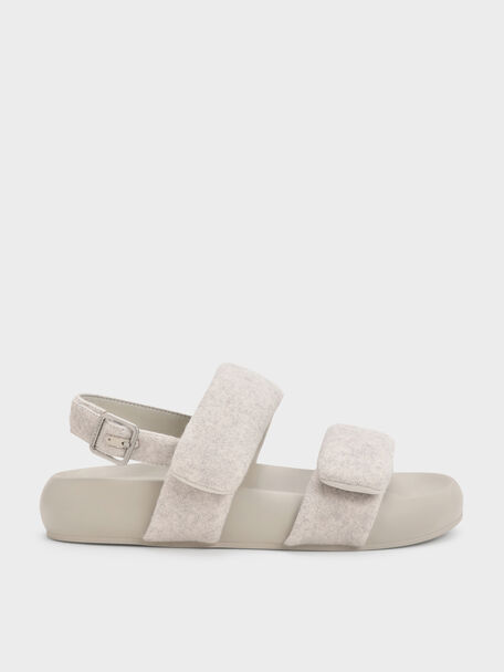Felt Quilted Double-Strap Slingback Sandals, Light Grey, hi-res