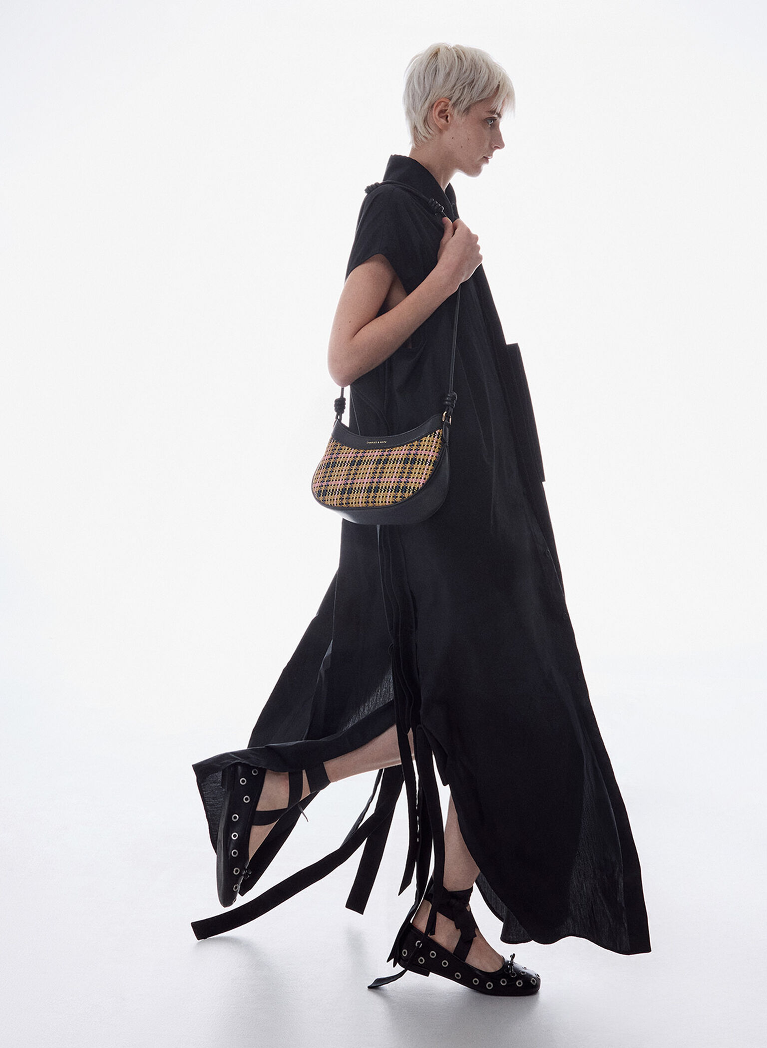 Bolsa de ombro curva Sabine Tartan com alça com nó, Tartan Straw, hi-res