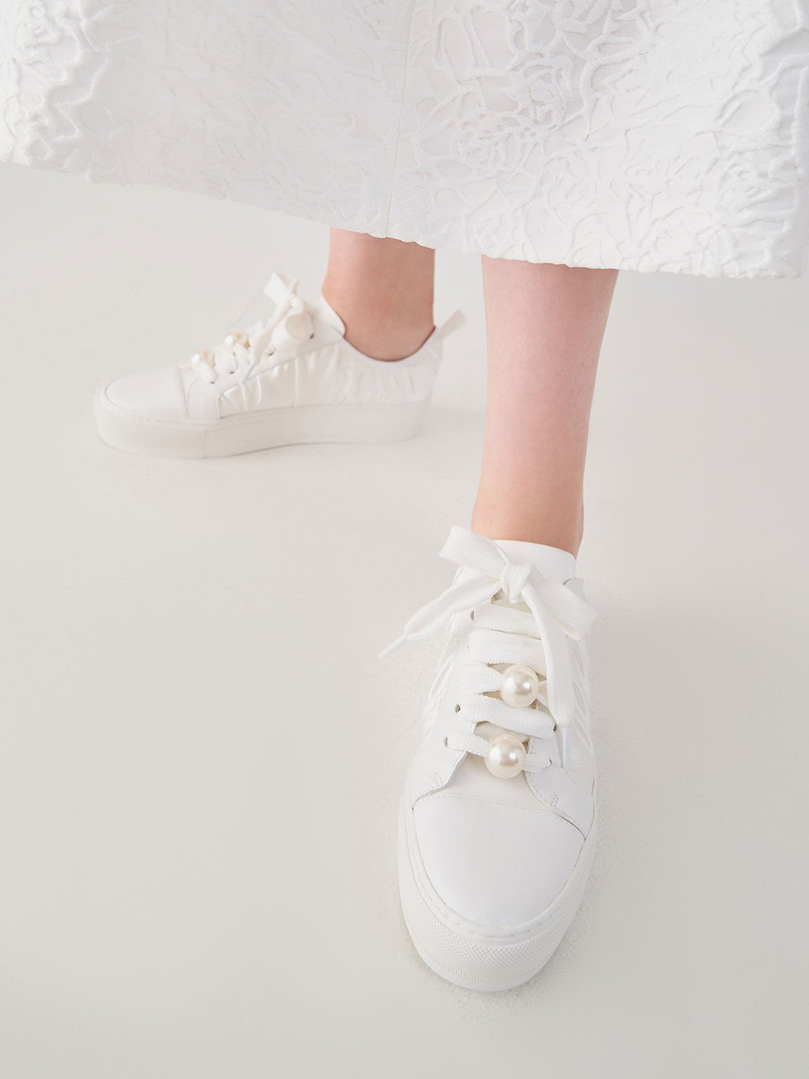 Blythe Leather & Satin Bead-Embellished Sneakers, White, hi-res