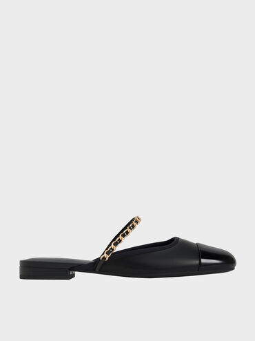 Patent Chain-Strap Mules, Black, hi-res