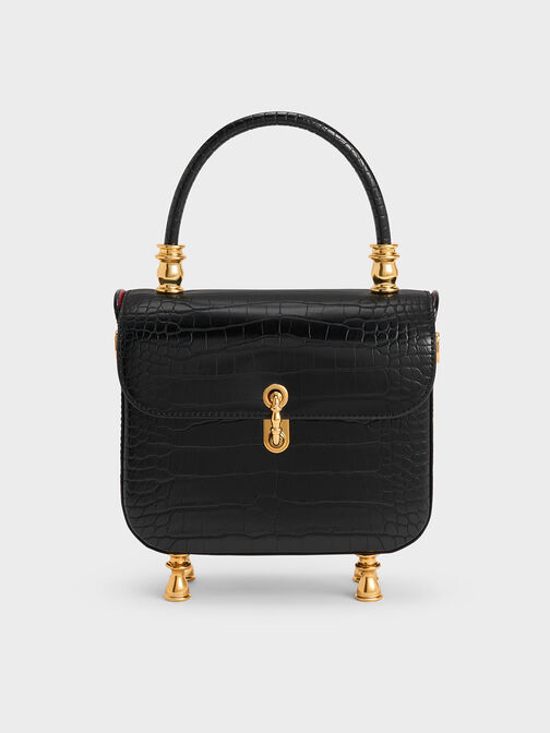 Meriah Croc-Embossed Top Handle Bag, Black, hi-res