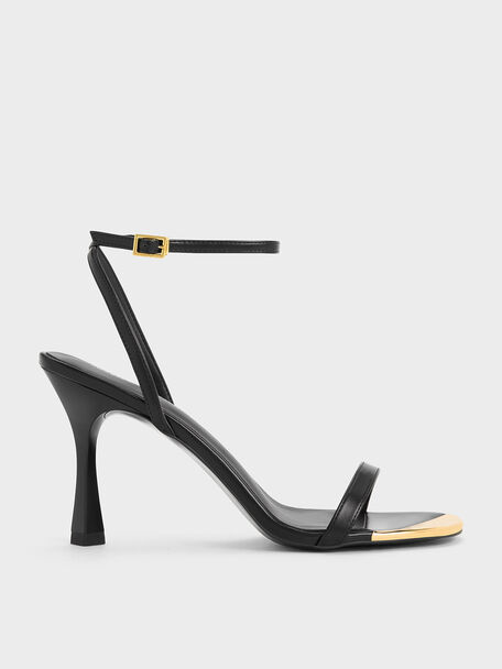 Metallic Cap Ankle-Strap Heeled Sandals, Black, hi-res