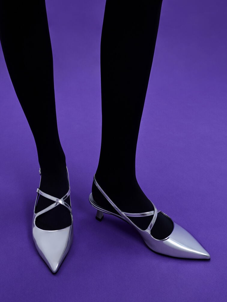 Pauline Metallic Crossover Slingback Kitten Heels, Silver, hi-res