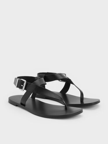 Asymmetric Slingback Thong Sandals, Black, hi-res