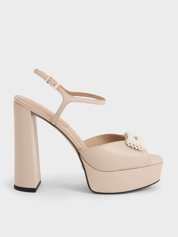 Bead-Embellished Leather Platform Sandals, Beige, hi-res