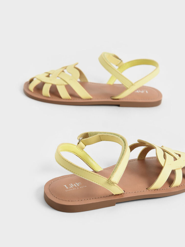 Girls' Caged Ankle-Strap Sandals, Yellow, hi-res