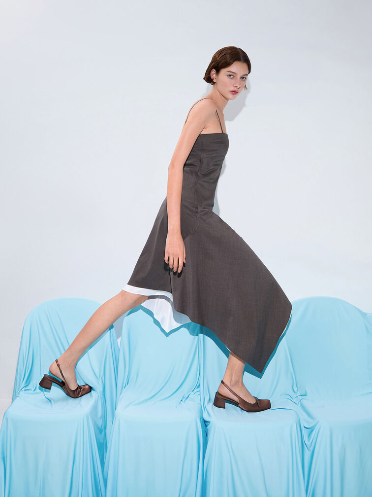 Satin Bow Square-Toe Slingback Pumps, Dark Brown, hi-res