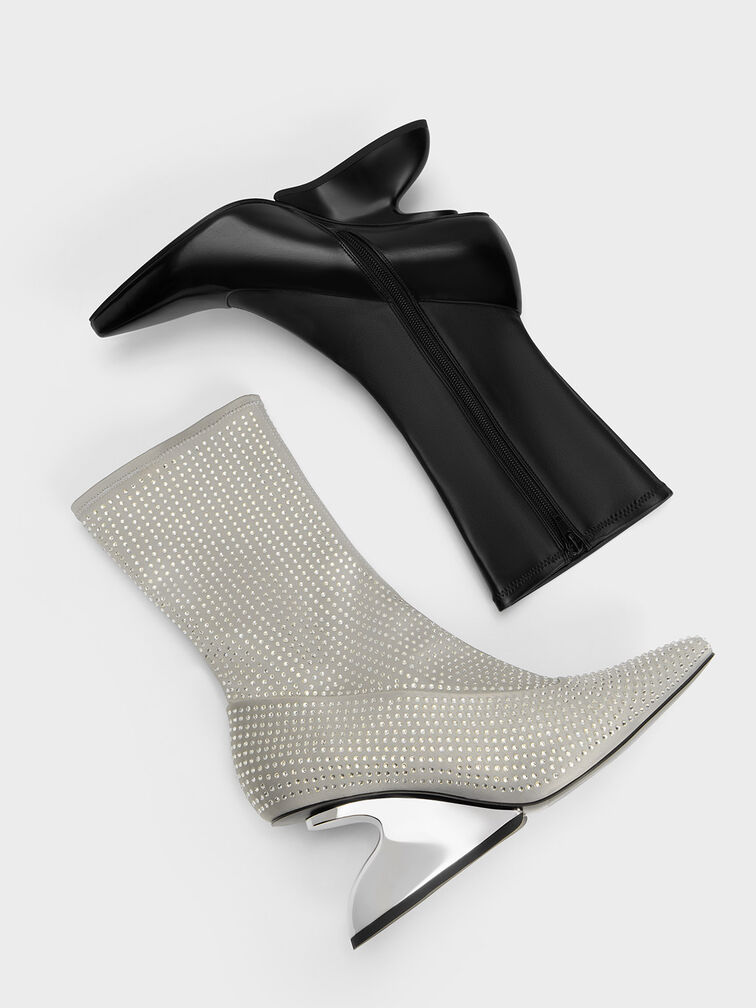 Zania Gem-Embellished Sculptural Heel Boots, Grey, hi-res