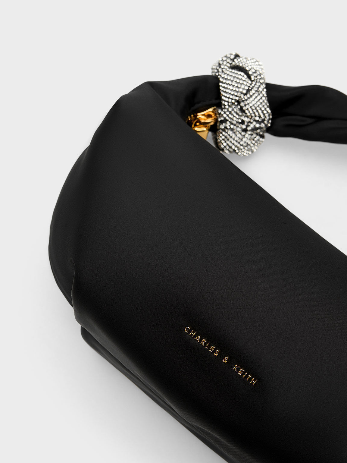 Embellished Satin Shoulder Bag, Black, hi-res