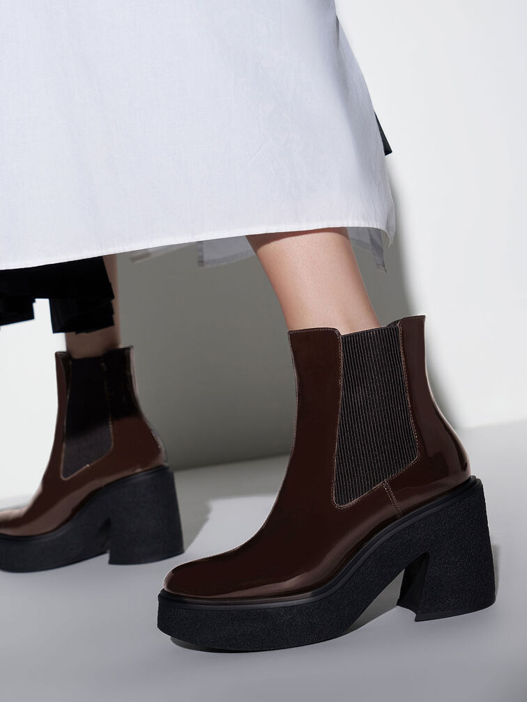 Odette Patent Leather Chelsea Platform Boots, Brown, hi-res