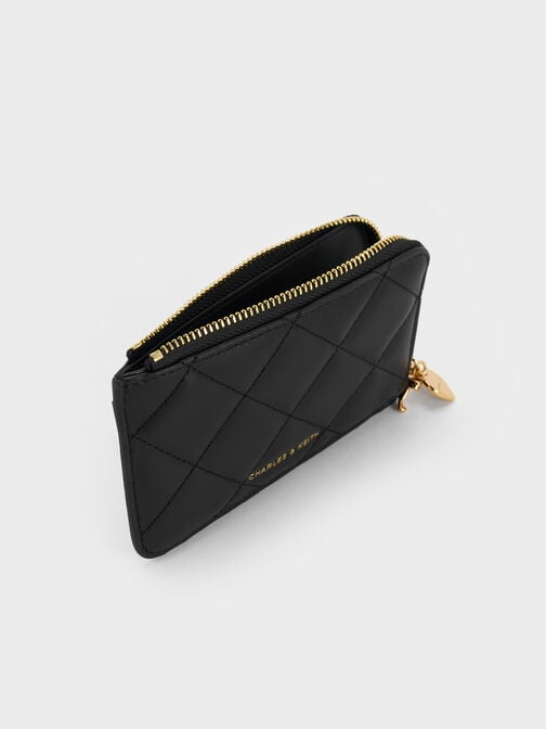 Arrietty Quilted Bow-Heart Charm Zip-Around Wallet, Black, hi-res