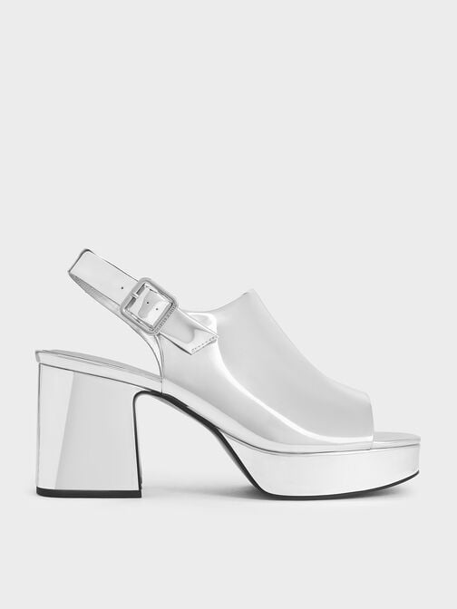 Metallic Peep-Toe Platform Sandals, Silver, hi-res