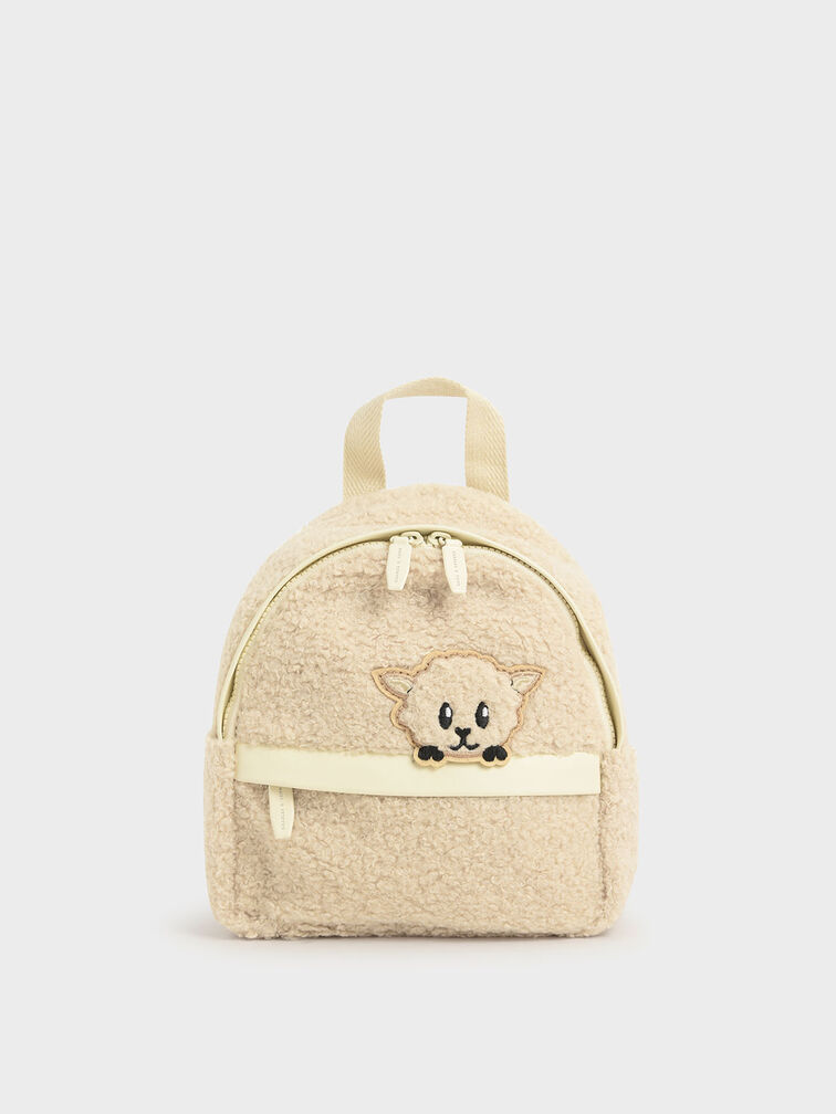 Girls' Lamb Motif Furry Backpack, Chalk, hi-res