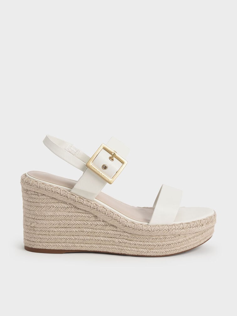 Buckled Espadrille Wedges, White, hi-res